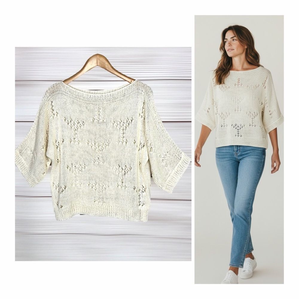 MOODS of NORWAY Cream Knit Top Seeater Boat Neck Batwing Sleeves Linen Blend M